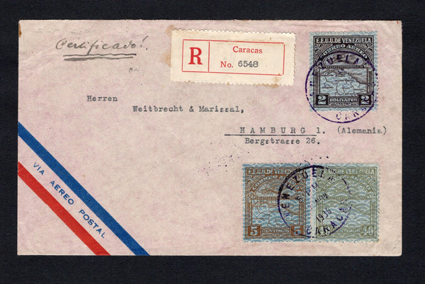 VENEZUELA - 1936 - AIRMAIL & REGISTRATION: Registered airmail cover franked with 1932 5c deep brown, 40c bronze green and 2b sepia AIRMAIL issue on Security Banknote paper (SG 426, 430 & 439) tied by CARACAS cds's in purple dated 2 NOV 1936 with printed red on white 'Caracas' registration label alongside. Addressed to GERMANY with transit & arrival marks on reverse.  (VEN/42359)