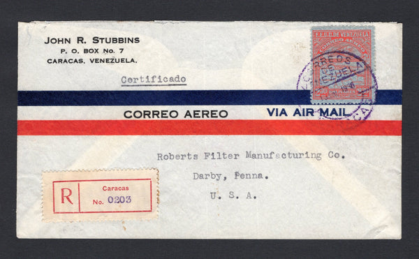 VENEZUELA - 1936 - AIRMAIL & REGISTRATION: Registered airmail cover franked with single 1932 2b 30c scarlet AIRMAIL issue on Security Banknote paper (SG 441) tied by CARACAS cds dated 1 JAN 1936 with printed red on white 'Caracas' registration label alongside. Addressed to USA with transit & arrival marks on reverse. A nice single franking.  (VEN/42360)