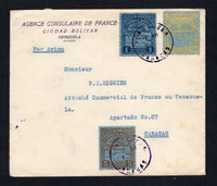 VENEZUELA - 1937 - AIRMAIL: Printed 'Agence Consulaire de France Ciudad Bolivar' cover with typed 'Por Avion' at top franked with 1932 5c deep brown, 10c yellow and 1b indigo AIRMAIL issue on Security Banknote paper (SG 426, 427 & 433) tied by CARACAS cds's with unclear date but with 10.00AM time code. Addressed to CARACAS with different CARACAS arrival cds dated MAY 9 11 AM 1937 on reverse. An unusual item.  (VEN/42361)