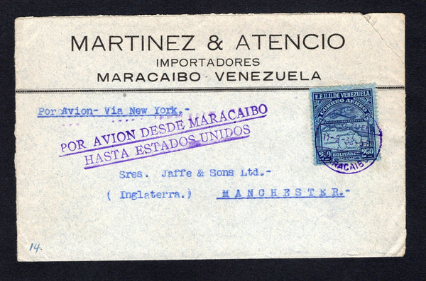 VENEZUELA - 1938 - AIRMAIL: Airmail cover franked with single 1932 2b 50c deep ultramarine AIRMAIL issue on Security Banknote paper (SG 442) tied by MARACAIBO cds dated 11-2-1938 with two line 'POR AVION DESDE MARACAIBO HASTA ESTADOS UNIDOS' marking alongside. Addressed to UK. A nice single franking.  (VEN/42363)