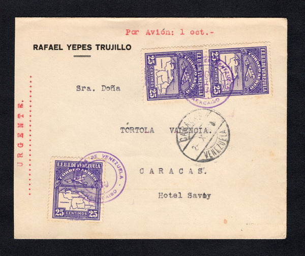 VENEZUELA - 1930 - AIRMAIL: Internal airmail cover with typed 'Por Avion 1 oct' and 'URGENTE' on front franked with 3 x 1930 25c bright violet AIR issue (SG 398) tied by MARACAIBO cds's dated OCT 1 1930. Addressed to CARACAS with arrival cds on front.  (VEN/42444)