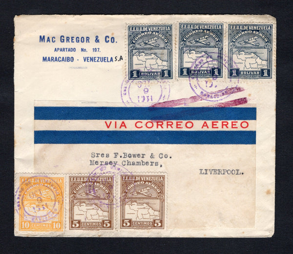 VENEZUELA - 1931 - AIRMAIL: Airmail cover franked with 1930 2 x 5c brown, 10c yellow and 3 x 1b slate blue AIR issue (SG 395/396 & 401) all tied by MARACAIBO cds's dated OCT 9 1931. Addressed to UK.  (VEN/42445)