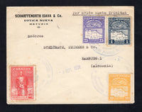 VENEZUELA - 1931 - AIRMAIL & ROUTING: Cover with typed 'Por avion hasta Trinidad' at top franked with 1930 10c yellow, 25c bright violet and 1b slate blue AIR issue plus 1930 25c carmine 'Death Centenary of Simon Bolivar' issue (SG 396, 398, 401 & 413) all tied by large undated MATURIN ESTADO MONAGAS 'Arms' cachets with '4 SEPT 1931' date handstamp alongside. Addressed to GERMANY with PORT-OF-SPAIN TRINIDAD transit cds on reverse.  (VEN/42446)