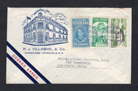 VENEZUELA - 1936 - AIRMAIL & ADVERTISING: Nice illustrated 'R. J. Villasmil & Co.' advertising airmail cover franked with 1937 70c emerald 'Acquisition of La Guaira Harbour' issue, 1938 25c light blue and 1938 25c on 40c green 'Surcharge' issue (SG 488, 511 & 540) tied by MARACAIBO cds's dated 11-5-1936. Addressed to USA.  (VEN/42447)