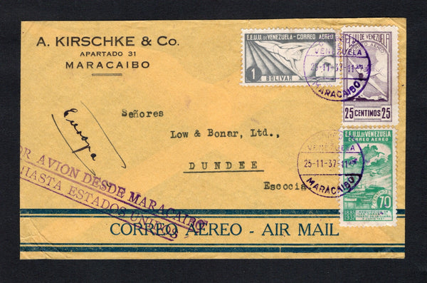 VENEZUELA - 1937 - AIRMAIL: Airmail cover franked with 1937 25c slate violet and 1b grey AIR issue and 1937 70c emerald 'Acquisition of La Guaira Harbour' issue (SG 473, 477 & 488) tied by MARACAIBO cds's dated 25-11-1937. Addressed to USA with two line 'POR AVION DESDE MARACAIBO HASTA ESTADOS UNIDOS' marking on front.  (VEN/42448)