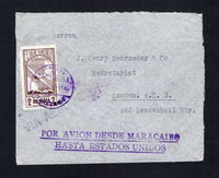 VENEZUELA - 1937 - AIRMAIL: Airmail cover franked with single 1937 2b chocolate AIR issue (SG 481) tied by MARACAIBO cds dated 14-12-1937. Addressed to UK with two line 'POR AVION DESDE MARACAIBO HASTA ESTADOS UNIDOS' marking on front. A nice single franking.  (VEN/42449)