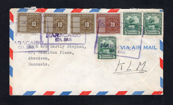 VENEZUELA - 1947 - POSTAL FISCALS: Airmail cover with manuscript 'KLM' on front franked with 1940 3 x 5c dark green 'Bolivar Statue' issue (SG 626) plus 1945 3 x 10c bistre and 20c brown 'Timbre Fiscal' REVENUE issue used for postage tied by large boxed MARACAIBO cancels dated DIC 22 1947. Addressed to UK.  (VEN/42451)