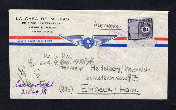 VENEZUELA - 1948 - POSTAL FISCALS & CANCELLATION: Airmail cover franked with single 1945 1b deep violet 'Timbre Fiscal' REVENUE issue used for postage tied by large boxed EL RECREO DTO FEDERAL cancel dated NOV 2 1948. Addressed to the British Zone of GERMANY. A scarce postal fiscal on cover.  (VEN/42452)