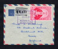 VENEZUELA - 1958 - COMMEMORATIVE ISSUE: Airmail cover franked with 1952 1b carmine red 'Third Centenary of Apparition of Our Lady of Coronoto' issue and 1955 25c black (SG 1130, the largest size & 1408) tied by fine boxed PUNTO FIJO ESTADO FALCON cancel dated 26 DIC 1956. Addressed to UK.  (VEN/42455)