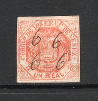 VENEZUELA - 1866 - CANCELLATION: 1r vermilion 'Square' issue a good copy with four margins used with '6 6 6 6' manuscript cancel of SAN CARLOS. Scarce. (SG 26)  (VEN/42597)