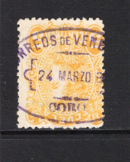VENEZUELA - 1880 - CANCELLATION: 25c orange third 'Escuelas' issue a fine used copy with fine strike of oval CORREOS DE VENEZUELA CORO cancel in purple dated '24 MARZO 81'. (SG 92a)  (VEN/43041)