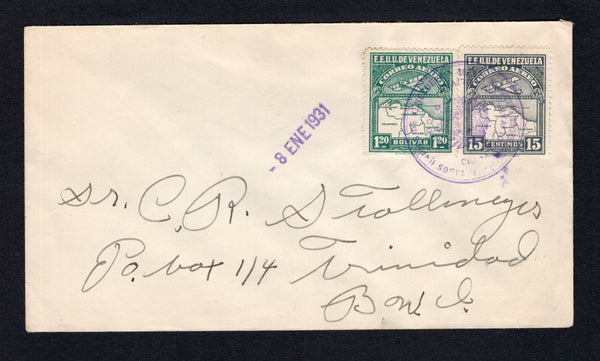 VENEZUELA - 1931 - FIRST FLIGHT: Plain cover franked with 1930 15c slate grey and 1b 20c blue green AIR issue (SG 397 & 402) tied by CIUDAD BOLIVAR 'Arms' cancel in purple with '-8 ENE 1931' datestamp alongside. Flown on the Ciudad Bolivar - Port of Spain, Trinidad first flight by Vachet with large circular 'COMPAGNE GENERALE AEROPOSTALE AEROPLACE DE CIUDAD BOLIVAR' cachet in blue on reverse. Addressed to TRINIDAD. A very rare flight only 144 covers were carried. (Muller #57, rated 1500pts)  (VEN/43058)