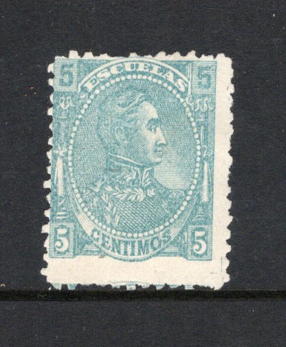 VENEZUELA - 1887 - LITHO ISSUE: 5c grey green fifth 'Escuelas' LITHO issue with smaller 'Escuelas' and cross hatched shading in vignette, a fine unused copy with a few rough perfs. An uncommon stamp. (SG 128a)  (VEN/43080)