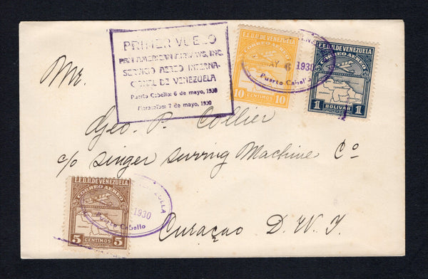 VENEZUELA - 1930 - FIRST FLIGHT: Cover franked with 1930 5c brown, 10c orange yellow & 1b slate blue AIR issue (SG 395/396 & 401) tied by oval PUERTO CABELLO cancels dated MAY 6 1930 with boxed first flight cachet in purple on front. Flown on the PUERTO CABELLO - WILLEMSTAD, CURACAO first flight by PAA. Addressed to Curacao with arrival cds on reverse. (Muller #20)  (VEN43825)
