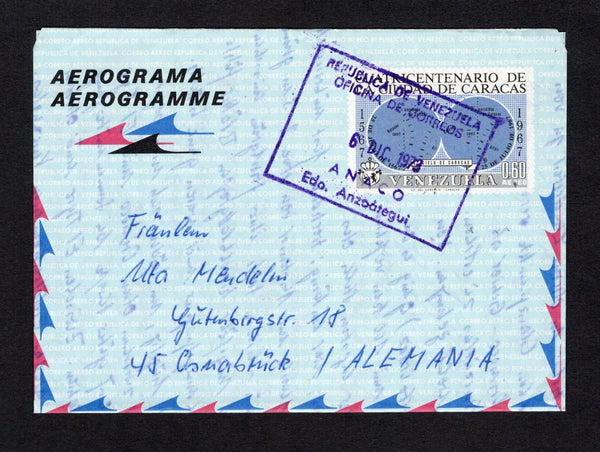 VENEZUELA - 1973 - POSTAL STATIONERY: 60c '400th Anniversary of the Founding of Caracas' postal stationery airletter (H&G F-G9) used with boxed ANACO EDO ANZOATEGUI cancel dated 6 DIC 1973. Addressed to GERMANY. Nice commercial use with full message inside.  (VEN43849)