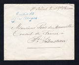 VENEZUELA - 1866 - CONSULAR MAIL: Stampless cover with manuscript 'Mo Molines Consul Gral a Caracas' at top with two line 'Ministere des Affaires Etrangeres' marking in blue alongside and circular 'CONSULAT GENERAL DE FRANCE CARACAS' cachet on reverse. Addressed to SAN SEBASTIAN, SPAIN with arrival cds dated 6 SEP 1866 on reverse.  (VEN43851)