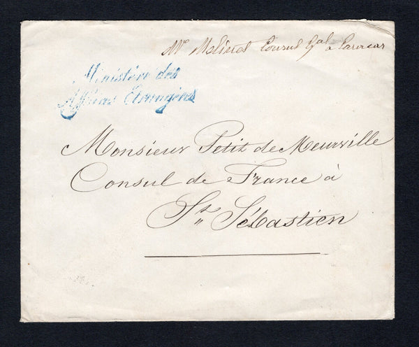 VENEZUELA - 1866 - CONSULAR MAIL: Stampless cover with manuscript 'Mo Molines Consul Gral a Caracas' at top with two line 'Ministere des Affaires Etrangeres' marking in blue alongside and circular 'CONSULAT GENERAL DE FRANCE CARACAS' cachet on reverse. Addressed to SAN SEBASTIAN, SPAIN with arrival cds dated 6 SEP 1866 on reverse.  (VEN43851)