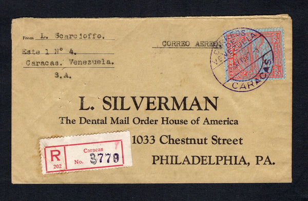 VENEZUELA - 1937 - AIRMAIL & REGISTRATION: Registered cover with typed 'CORREO AEREO' at top franked with single 1932 2b 30c scarlet AIRMAIL issue on Security Banknote paper (SG 441) tied by CARACAS cds dated 5 MAY 1937 with printed red on white 'Caracas' registration label alongside. Addressed to USA with transit & arrival marks on reverse.  (VEN43853)