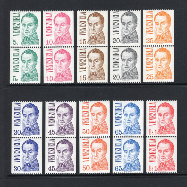 VENEZUELA - 1978 - COIL ISSUE: 'Bolivar' portrait definitive issue perf 14 x imperf from COILS, the set of ten in fine mint vertical pairs. (SG 2371/2380)  (VEN44060)