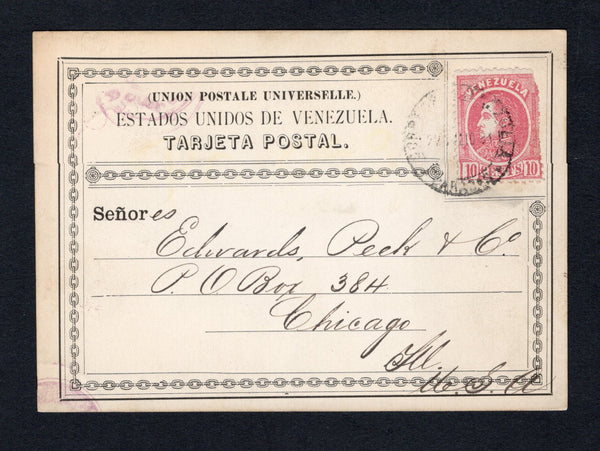 VENEZUELA - 1881 - POSTAL STATIONERY: Black on white postal stationery 'Formular' card (H&G A) used with added 1880 10c rose 'Foreign Mail' issue on thin paper (SG 103, with corner fault) tied by CARACAS cds dated 22 JUL 1881. Addressed to USA with arrival cds on reverse. A rare card genuinely used.  (VEN44176)