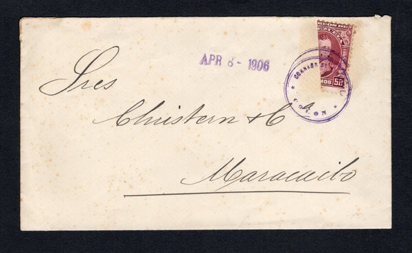 VENEZUELA - 1906 - CANCELLATION & BISECT: Cover with vertically BISECTED 1904 50c claret (SG 315) tied by small circular undated CORREOS DE VENEZUELA COLON cancel in violet with 'APR 8- 1906' date handstamp alongside. Addressed to MARACAIBO. Cover has some light tone spots.  (VEN44269)