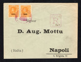 VENEZUELA - 1901 - REGISTRATION & CANCELLATION: Registered cover franked with 2 x 1900 50c orange with '1900' overprint in black (SG 217) tied by undated CARUPANO 'Arms' cancel in red with boxed 'VENEZUELA R No. 248' registration marking alongside. Addressed to ITALY with arrival cds's on reverse.  (VEN44438)