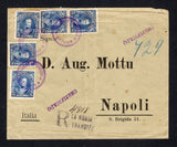 VENEZUELA - 1905 - REGISTRATION & CANCELLATION: Registered cover franked with 5 x 1904 25c deep ultramarine 'Sucre' issue (SG 314) tied by multiple strikes of undated circular MATURIN cancel in purple with straight line 'CERTIFICADO' markings with manuscript '729' registration number alongside and 'R LA GUAIRA TRANSITO' registration marking in black also on front. Addressed to ITALY with arrival cds on reverse.  (VEN44442)