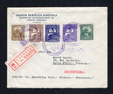 VENEZUELA - 1947 - REGISTRATION: Registered cover franked with 1940 5c dark green and 25c olive brown and 1947 15c indigo, 20c brown & 30c violet (SG 626, 631 & 728/730) all tied by CARACAS cds's dated FEB 19 1947 with printed red on white 'CARACAS' registration label alongside. Addressed to FRANCE with arrival cds on reverse.  (VEN44997)