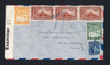 VENEZUELA - 1941 - DESTINATION & CENSORED MAIL: Censored airmail cover franked with 1938 5c green & 10c orange, 1940 3 x 25c red brown and 1940 37½c blue (SG 575/576, 611 & 624) tied by EL CALLAO cds's in blue with '17 FEB 1941' datestamp alongside. Addressed to USA, routed via TRINIDAD with printed black on white 'OPENED BY EXAMINER 28' censor strip at left. USA arrival cds and boxed Venezuelan Coffee slogan handstamp both on reverse.  (VEN45282)