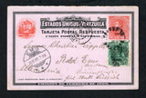 VENEZUELA - 1900 - POSTAL STATIONERY: 10c +10c red on lilac postal stationery reply card (H&G 13) message half only with '1900' overprint in black used with added 1900 5c blue green (SG 219) tied by LA GUAIRA cds. Addressed to GERMANY with transit & arrival cds's on front.  (VEN45537)