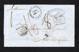 VENEZUELA - 1859 - BRITISH POST OFFICES: Complete folded letter datelined 'Pto Cabello 5 May 1859' with oval 'BLOHM HAGAN & Co. PUERTO CABELLO' company handstamp in blue on front with fine strike of PORTO-CABELLO British Post Office cds in black dated 1859 MR 5 also on front. Addressed to FRANCE with boxed 'G.B. 1F 60c' accountancy mark struck on arrival rated '8' decimes with handstamp in black crossed out and re-rated '16' decimes in manuscript. Cover also has LONDON transit mark in red and various other