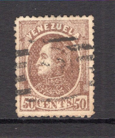 VENEZUELA - 1880 - FOREIGN MAIL ISSUE: 50c brown 'Foreign Mail' issue on thick paper, second printing, Transfer Type 20, a fine used copy with part NY maritime numeral cancel. Small thin. (SG 110)  (VEN/6934)
