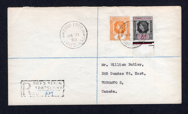 VIRGIN ISLANDS - 1955 - REGISTRATION & CANCELLATION: Registered cover franked with Leeward Islands 1954 5c black & brown purple and 6c yellow orange QE2 issue (SG 131/132) tied by ROAD TOWN TORTOLA cds dated JAN 31 1955 with second strike alongside and boxed 'ROAD TOWN TORTOLA' registration marking on front. Addressed to CANADA with arrival cds on reverse. An uncommon issue on cover, which was only in use for less than 2 years.  (VIR/21213)