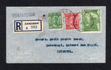 ZANZIBAR - 1947 - REGISTRATION & DESTINATION: Registered cover franked with 1936 5c green, 50c claret and 1/- yellow green (SG 310 & 317/318) tied by REG ZANZIBAR cds's with printed blue & white 'ZANZIBAR'  registration label alongside. Addressed to TURKEY with transit and arrival marks on reverse. Backflap missing.  (ZAN23208)