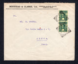 ZANZIBAR - 1925 - DEFINITIVE ISSUE: Cover franked with pair 1922 10c myrtle green on pale yellow (SG 265) tied by two strikes of ZANZIBAR squared circle cds. Addressed to ITALY with arrival cds on reverse.  (ZAN24152)