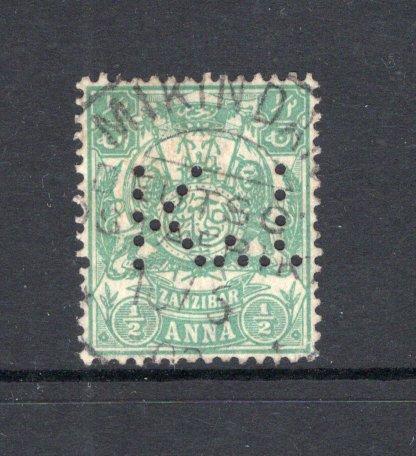 ZANZIBAR - 1904 - PERFIN & CANCELLATION: ½a green with 'K. J.' PERFIN and cancelled by MIKINDANI DEUTSCH-OSTAFRIKA cds. Very unusual. (SG 210)  (ZAN/41954)