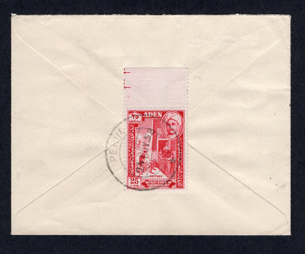 ADEN - QU'AITI - 1958 - CANCELLATION: Neat cover franked on reverse by single 1955 25c carmine red issue of QU'AITI (SG 32) tied by fine double ring PERIM cds dated 24 NOV 58. Addressed to UK.  (ADE/1438)
