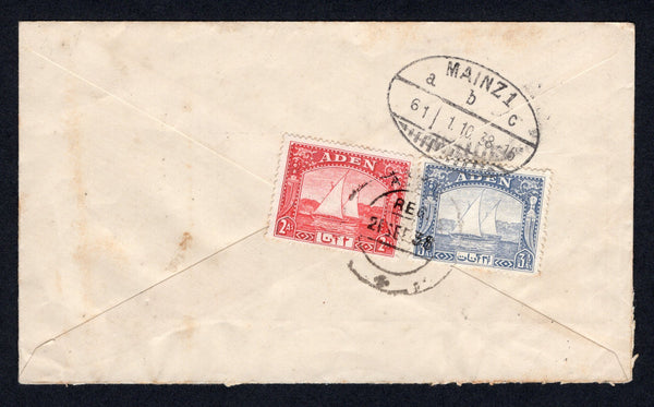 ADEN  -  1938  -  DHOW ISSUE & REGISTRATION: Registered cover to GERMANY franked on reverse with 1937 2a scarlet & 3½a grey blue 'Dhow' issue (SG 4 & 7) tied by ADEN cds with blue & white ADEN Registration label on front & German arrival mark on reverse.  (ADE/17)