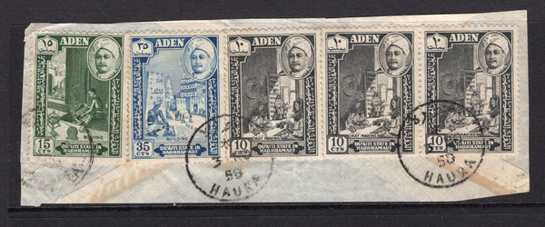 ADEN - QU'AITI - 1958 - CANCELLATION: 3 x 10c grey black, 15c bronze green and 35c blue all tied on large piece by HAURA cds's dated 3 NOV 1958. Scarce cancel. (SG 30/31 & 33)  (ADE/18855)