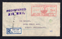 ADEN - 1957 - METER MARK: Stampless registered 'Meter' cover with fine strike of large illustrated POSTAGE REVENUE ADEN 2.00 SH/CTS U2 'Dhow' meter mark in red dated 27 IV 57 with printed ADEN CAMP formular registration label alongside and ADEN CAMP REG. cds on reverse. Sent airmail to SWITZERLAND. Very attractive.  (ADE/19735)