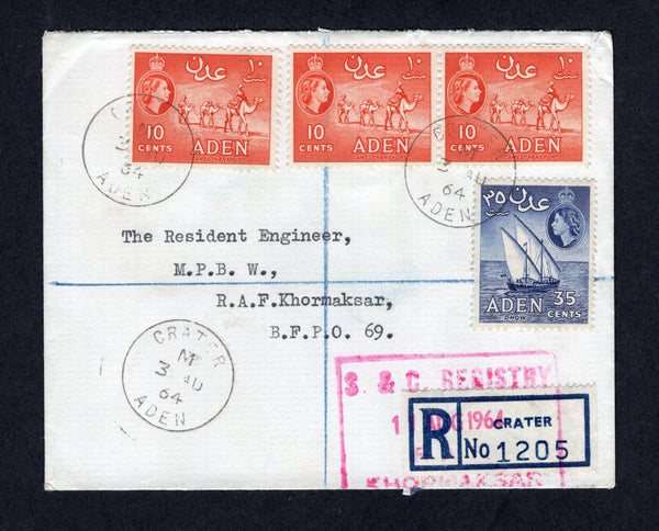 ADEN - 1964 - REGISTRATION: Registered cover franked with 1953 3 x 10c vermilion and 35c deep blue QE2 issue (SG 51 & 57) tied by multiple strikes of CRATER ADEN cds with printed blue & white 'CRATER' registration label alongside. Addressed internally to R.A.F. KHORMAKSAR with large boxed 'S & C REGISTRY KHORMAKSAR' arrival marking in magenta on front & reverse. Very attractive.  (ADE/21708)