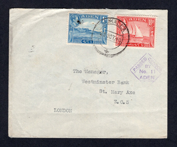 ADEN - 1940 - CANCELLATION & CENSORSHIP: Cover franked with 1939 1a pale blue and 1½a scarlet GVI issue (SG 18/19) tied by MUKALLA cds with small diamond 'PASSED BY CENSOR No. 11 ADEN' censor marking in violet on front. Addressed to UK.  (ADE/21792)