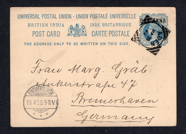 ADEN  -  1895  -  INDIA USED IN ADEN: 1a on ½a blue QV Indian Postal Stationery card (H&G 9) used with fine ADEN squared circle cds addressed to GERMANY with arrival cds on front.  (ADE/21)