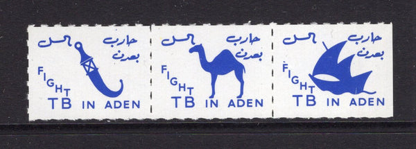 ADEN - 1957 - CINDERELLA: Blue on white 'Fight TB in ADEN' Anti-Tuberculosis' SEALS, the set of three in a se-tenant mint strip showing the three different designs of the Arabic Dagger, Dhow and Camel.  (ADE/23714)