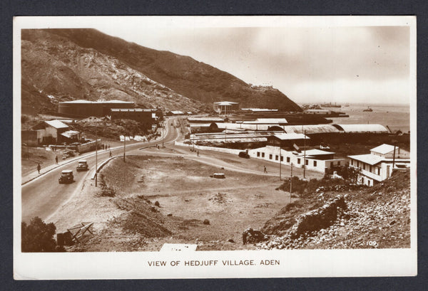ADEN - 1957 - POSTCARD: Black & white real photographic PPC 'View of Hedjuff village. Aden' with 'Mr A. Abassi' imprint. Long message dated 1957 on reverse but unfranked and not sent. Views of villages outside of Aden are less common.  (ADE/27401)