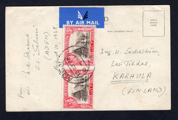 ADEN - 1948 - MARITIME & DESTINATION: Coloured PPC 'Henderson Line' showing large ocean liner datelined ''K D Sharma, S.S. Salween (Aden), August 10 1948' franked with pair 1939 3a sepia & carmine GVI issue (SG 22) tied by ADEN cds dated 12 AUG 1948. Addressed to FINLAND. Card has a couple of light creases.  (ADE/31660)