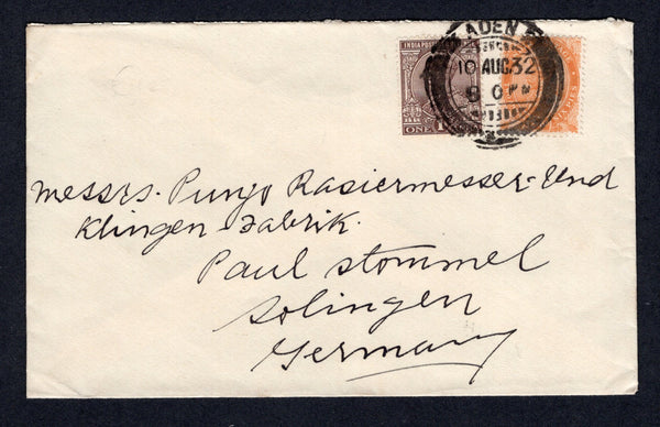 ADEN - 1932 - INDIA USED IN ADEN: Cover franked with India 1926 1a chocolate and 2a 6p orange GV issue (SG 203 & 207) tied by fine strike of ADEN cds dated 10 AUG 1932. Addressed to GERMANY.  (ADE/36451)