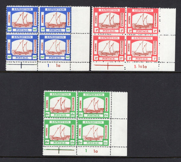 ADEN - 1960 - CINDERELLA: 50c green, blue & brown, 1/- red & brown & 2.50/- green & brown 'ADEN SOCOTRA EXPEDITION' illustrated 'Dhow' CINDERELLA labels, the set of three in fine unmounted mint corner marginal blocks of four with '1 / 1a' plate numbers in margin.  (ADE/37553)