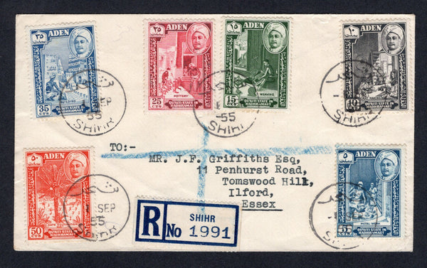 ADEN - QU'AITI  -  1955  -  CANCELLATION: Registered cover franked 1955 5c, 10c, 15c, 25c, 35c & 50c 'Sultan' issue of QU'AITI (SG 29/34) all tied by fine strikes of SHIHR bilingual cds with blue & white SHIHR registration label alongside, addressed to UK with MUKALLA and ADEN transit cds's on reverse. Very attractive & scarce origination.  (ADE/39)