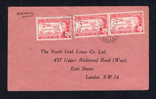 ANGUILLA - 1958 - CANCELLATION: Commercial cover franked with 3 x 1958 12c scarlet 'Federation' issue (SG 122) tied by two fine strikes of ANGUILLA VALLEY cds. Addressed to UK.  (ANG/2001)